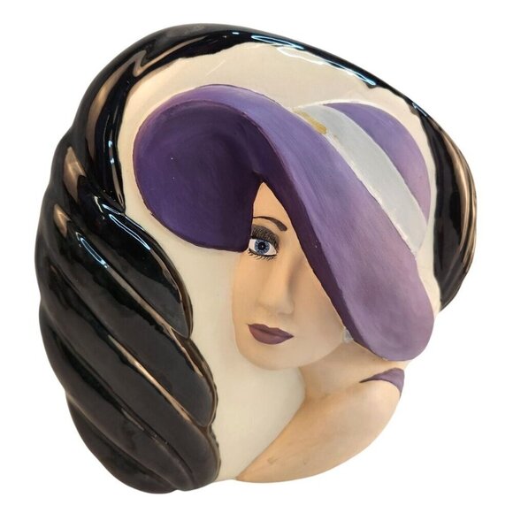 Decorative Ceramic Vase With Lady In Purple Hat Art Deco Style - Picture 2 of 7